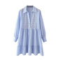 Spring Summer Simplicity Blue Shirt Collared Ruffled Layered Loose Dress Women