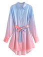 Spring New Polo Collared Loose Waistband Long Sleeve Shirt Gradient Dress