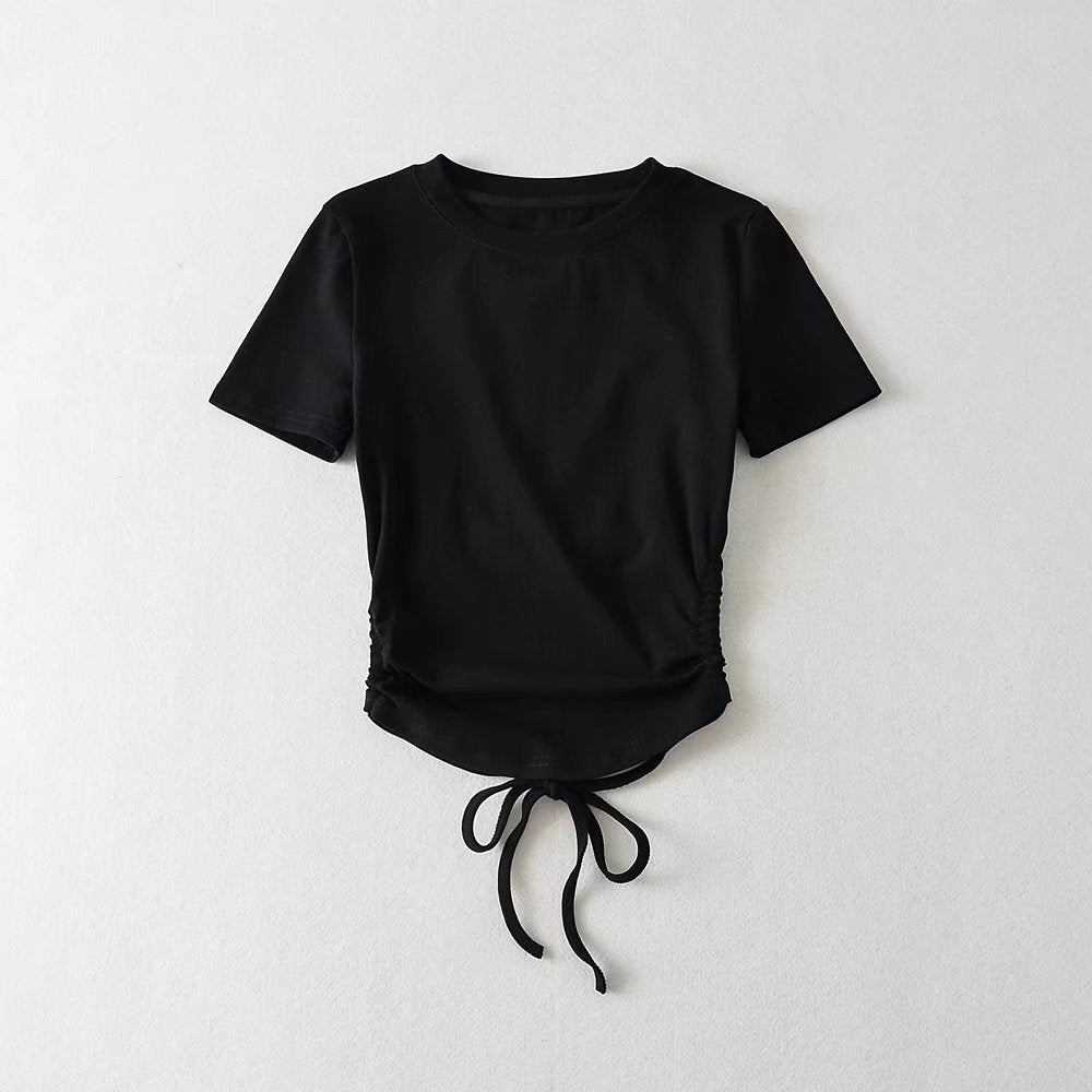 Pleated Wear Backless Lace up T shirt with Women Sexy Short Sleeve