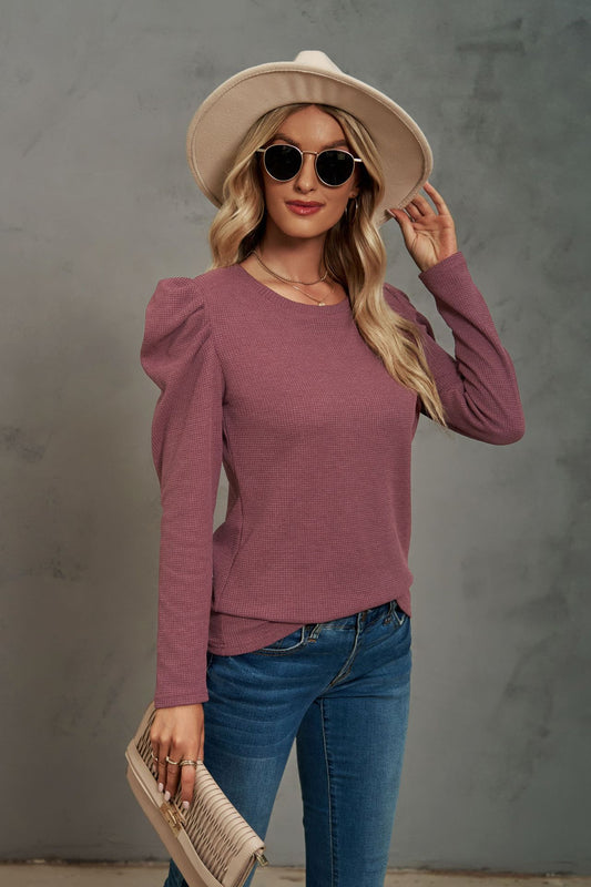 Autumn Winter Arrival Long Sleeve Pleated Patchwork Round Neck Waffle T shirt Top Women