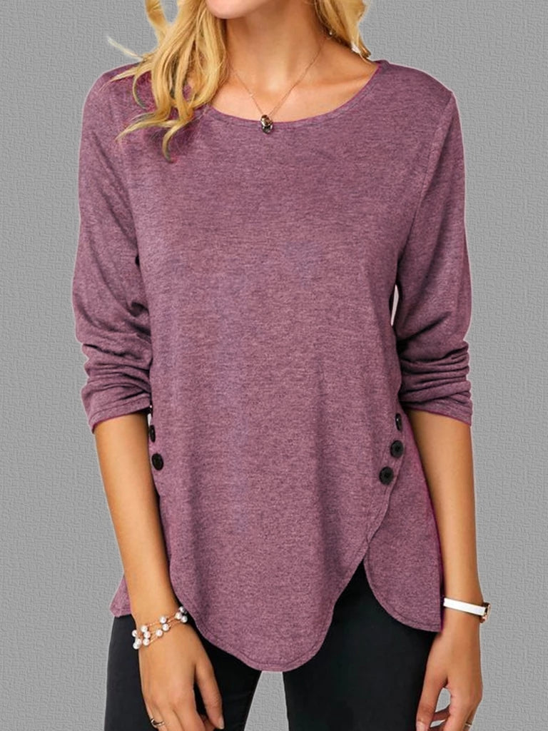 Spring Summer Irregular Asymmetric Button Hem Long Sleeve round Neck T shirt