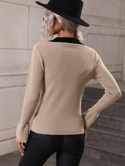 Autumn Winter Pullover Sweater Women Bell Sleeve Collared Sweater