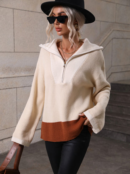 Autumn Winter Pullover Zipper Color Matching Knitted Long Sleeve Autumn Winter Knitted Women Clothing Sweater for Women