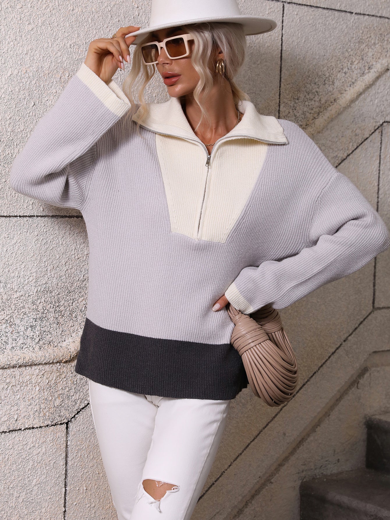 Autumn Winter Pullover Zipper Color Matching Knitted Long Sleeve Autumn Winter Knitted Women Clothing Sweater for Women