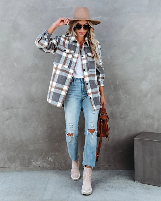 Casual Autumn Winter Plaid Brushed Collared Jacket