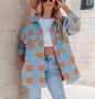 Autumn Winter Women Coat Loose Blue Chic Thickened Sanded Fabric Plaid Side Slit Coat