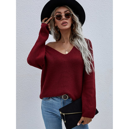 Autumn Winter Solid Color Sweater Pullover Loose Office V neck Sweater Women