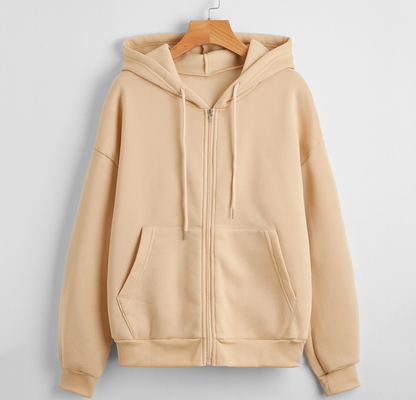 Autumn Winter Fleece Lined Women Solid Color Long Sleeved  Zipper  Urban Casual Comfortable Loose  Women Hoodies