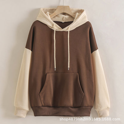 Fleece Lined Thickened Hooded Color Matching Hoodie Women Fashionable Autumn Winter Korean Contrast Color  Delivery