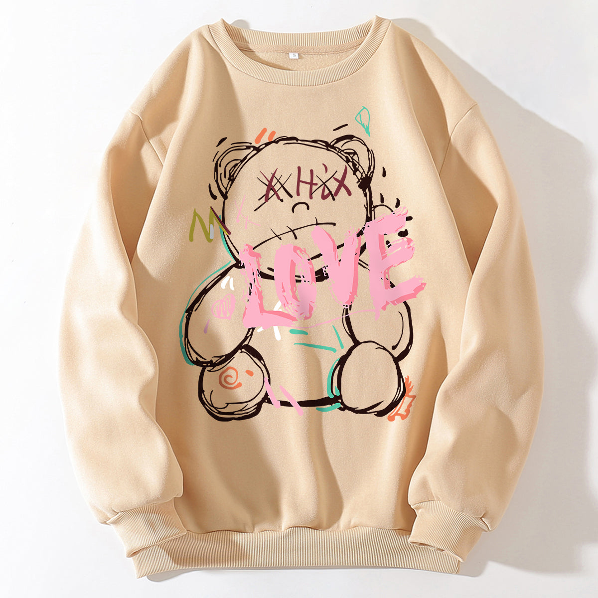 Spring Autumn High End Thin round Neck Skin Color Fleece Trendy Cartoon Cartoon Korean Urban Casual Pullover Women