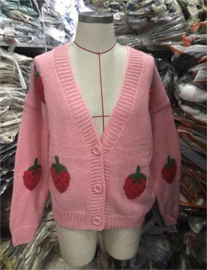 Autumn Two-Color Cute Strawberry Sweater Cardigan V neck Single Breasted Coat