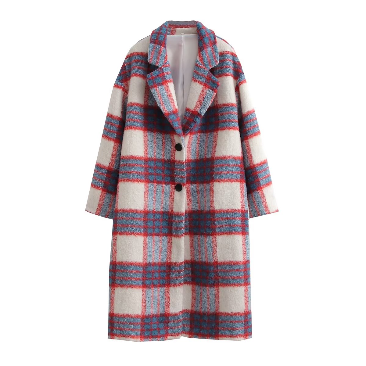 Women Clothing  Brushed Thickened Pattern Coat Loose Trench Coat Woolen Plaid Casual