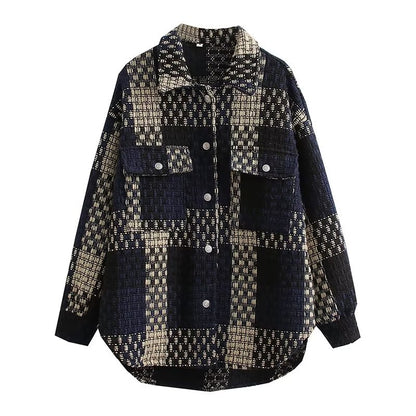 Autumn Winter National Woolen Jacket Hong Kong Loose Retro Plaid Jacket