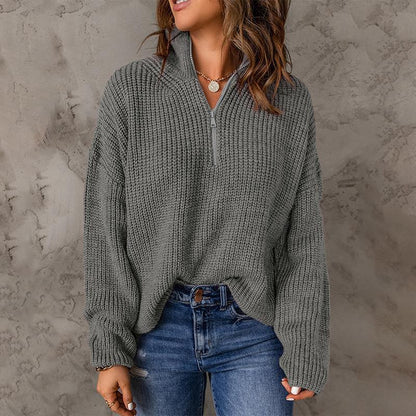 Half Open Collar Long Sleeved Top Autumn Winter Solid Color Loose High Collar Sunken Stripe Pullover Sweater for Women