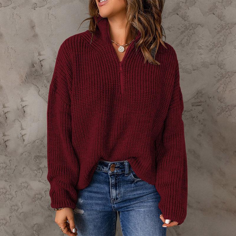 Half Open Collar Long Sleeved Top Autumn Winter Solid Color Loose High Collar Sunken Stripe Pullover Sweater for Women