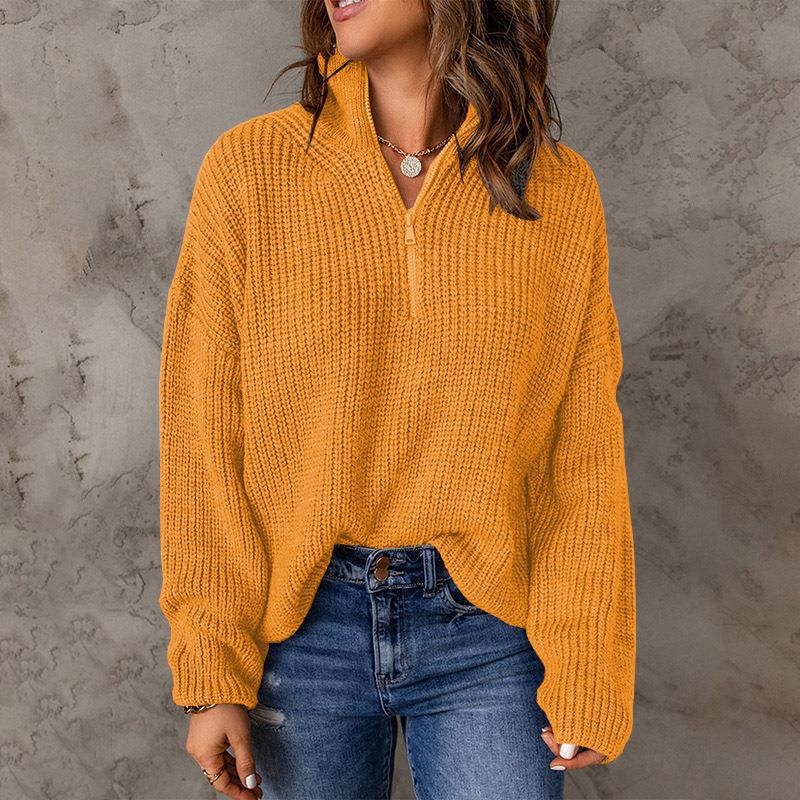 Half Open Collar Long Sleeved Top Autumn Winter Solid Color Loose High Collar Sunken Stripe Pullover Sweater for Women