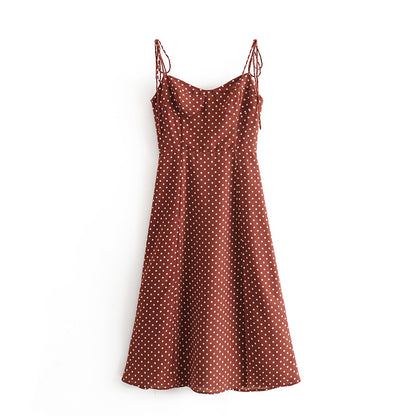 Early Spring Retro Dots High Waist Sexy Side Split Lower Hem Lace Strap Dress Large Swing Dress