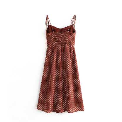 Early Spring Retro Dots High Waist Sexy Side Split Lower Hem Lace Strap Dress Large Swing Dress