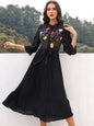 Women Spring Fall Solid Floral Crew Neck Elegant A Line  Maxi Dress