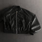 Popular Inverted Triangle Decorative Thread Varsity Jacket Leather Jacket Hem Closed Faux Leather Jacket Short Spring Autumn Motorcycle Jacket