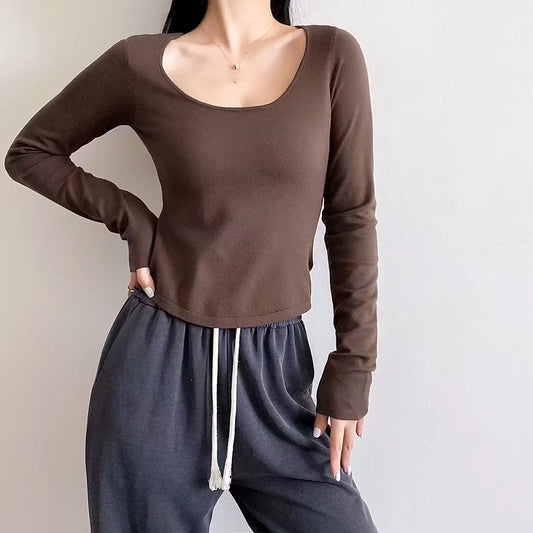 Sexy Big U Neck Tight Bottoming Shirt Women Autumn Stretch Curved Hem Tight T shirt