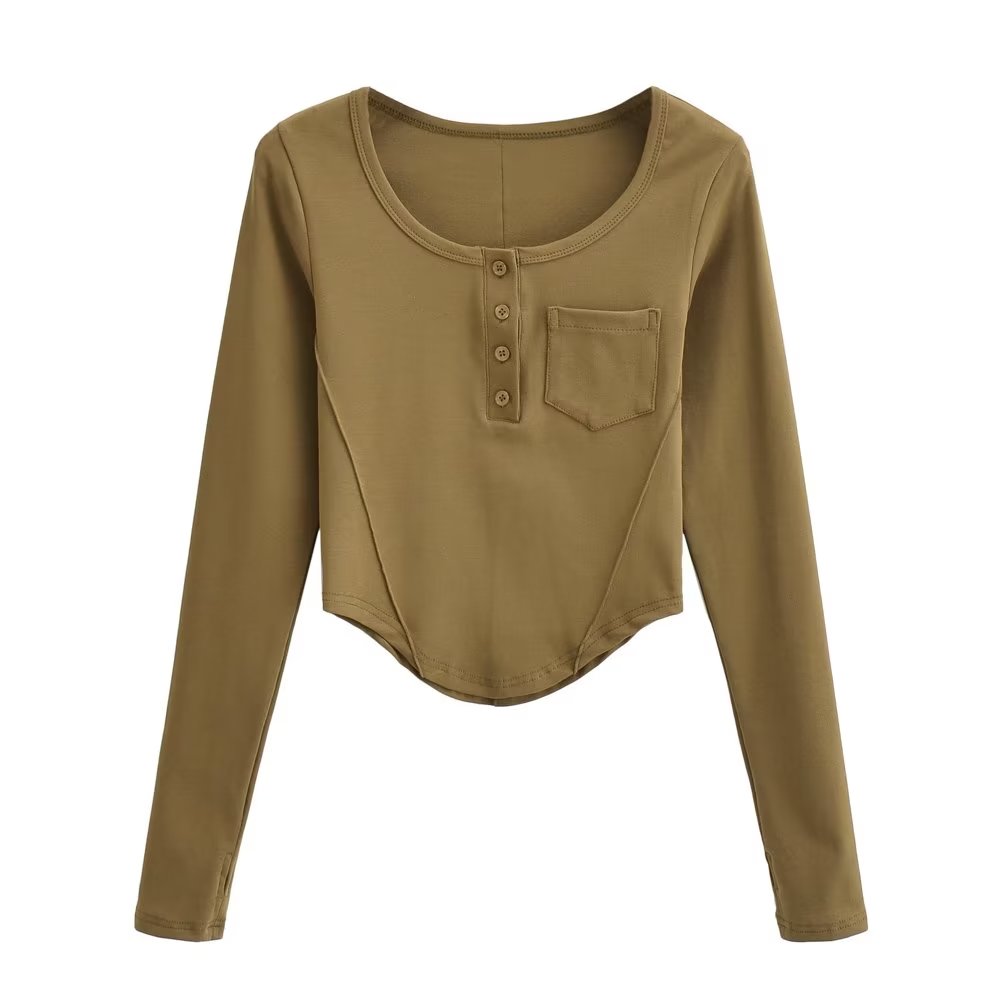 Women Clothing Breasted Pocket Round Neck Long Sleeve T shirt Bottoming Shirt