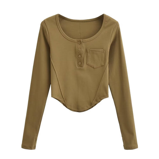 Women Clothing Breasted Pocket Round Neck Long Sleeve T shirt Bottoming Shirt