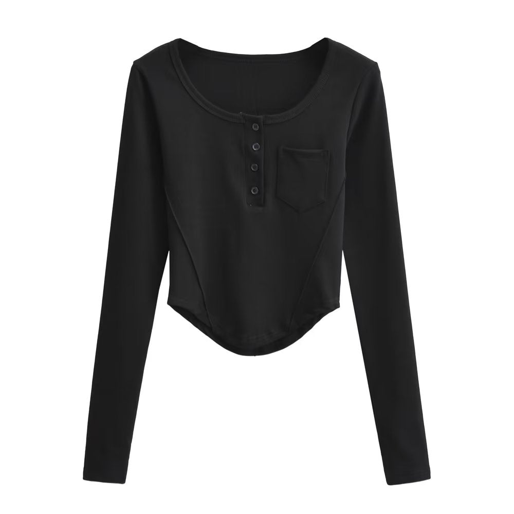 Women Clothing Breasted Pocket Round Neck Long Sleeve T shirt Bottoming Shirt