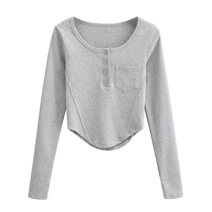 Women Clothing Breasted Pocket Round Neck Long Sleeve T shirt Bottoming Shirt