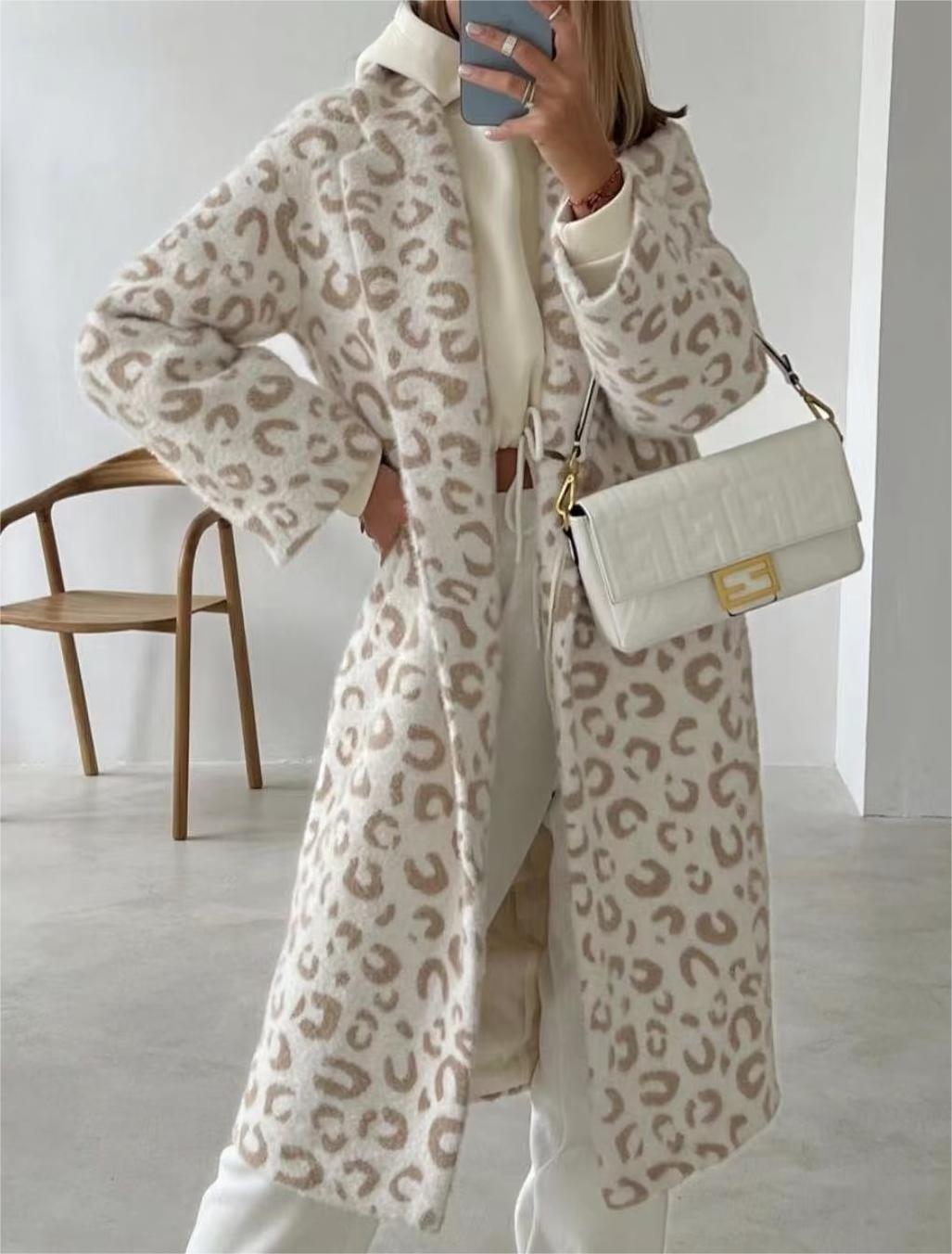 Fluffy Leopard Coat Collared Casual Long Sleeve Overcoat Women Clothes