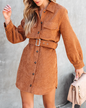 Autumn Women Sunken Stripe Lantern Sleeve Collared Button Shirt Lace up Dress