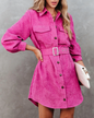 Autumn Women Sunken Stripe Lantern Sleeve Collared Button Shirt Lace up Dress