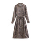Fall Women Clothing Retro Leopard Print Belt Long Sleeve Dress