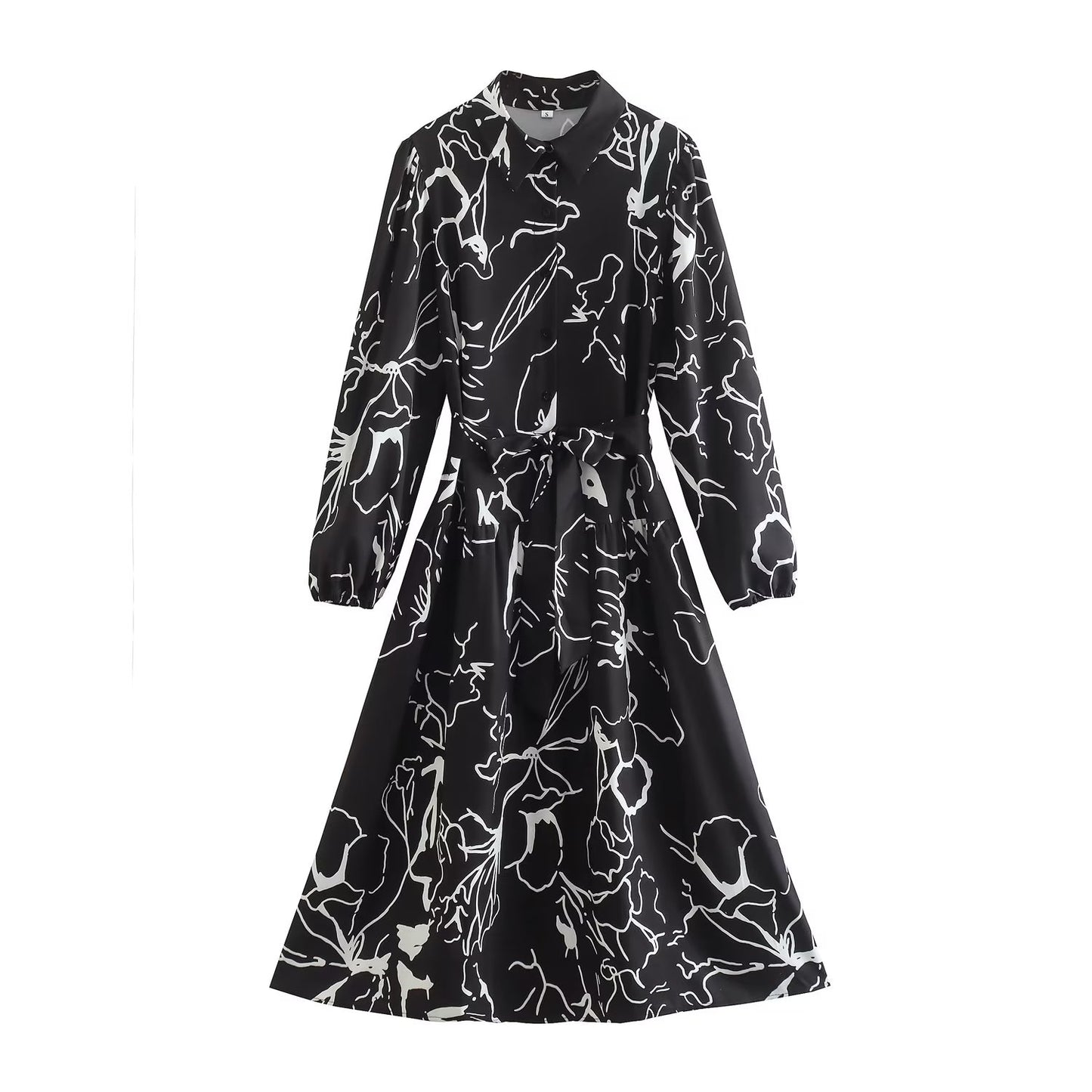 Spring Fall Women  Wear Line Abstract Black Dress