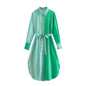 Early Autumn Gentle Elegant Collared Long Sleeve Shirt Striped Lace up Dress for Women