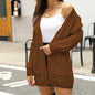 Autumn Winter Solid Color Twist Knitted  Coat Pocket Mid Length Cardigan