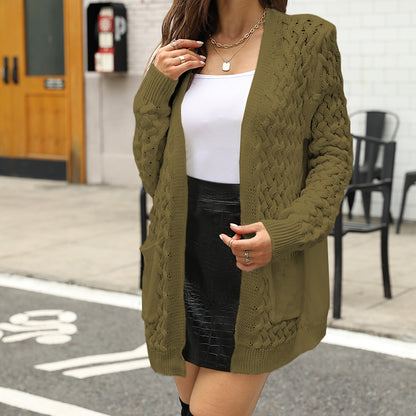 Autumn Winter Solid Color Twist Knitted  Coat Pocket Mid Length Cardigan