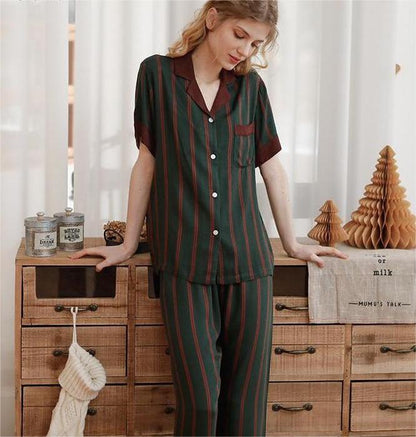 Spring Satin Pajamas Blackish Green Striped Collared Four Seasons Long Sleeve Home