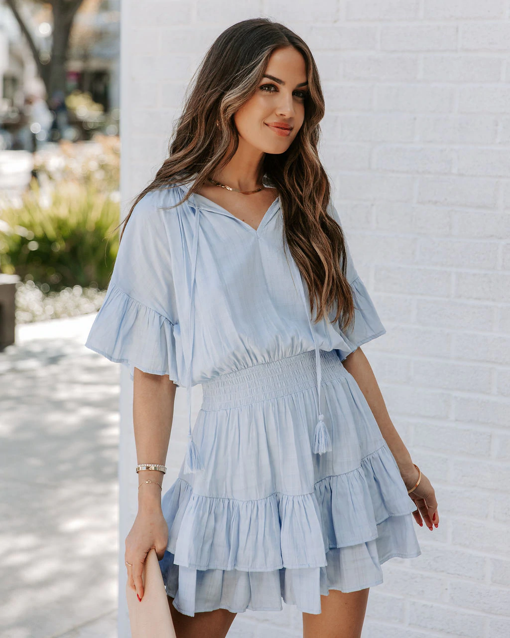 Women Summer New Ruffled Solid Color Crew Neck Bohohemain Smocked Tiered Dress