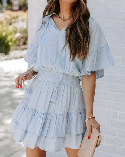 Women Summer New Ruffled Solid Color Crew Neck Bohohemain Smocked Tiered Dress