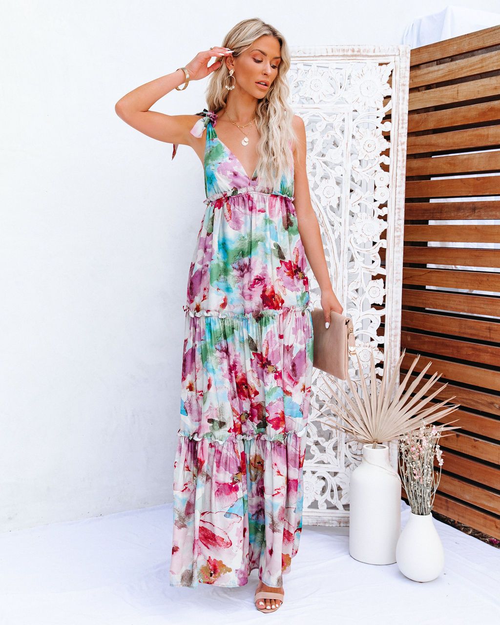 Women Summer Vacation New Tie Dye Printing Strap Wooden Ear Maxi Dress