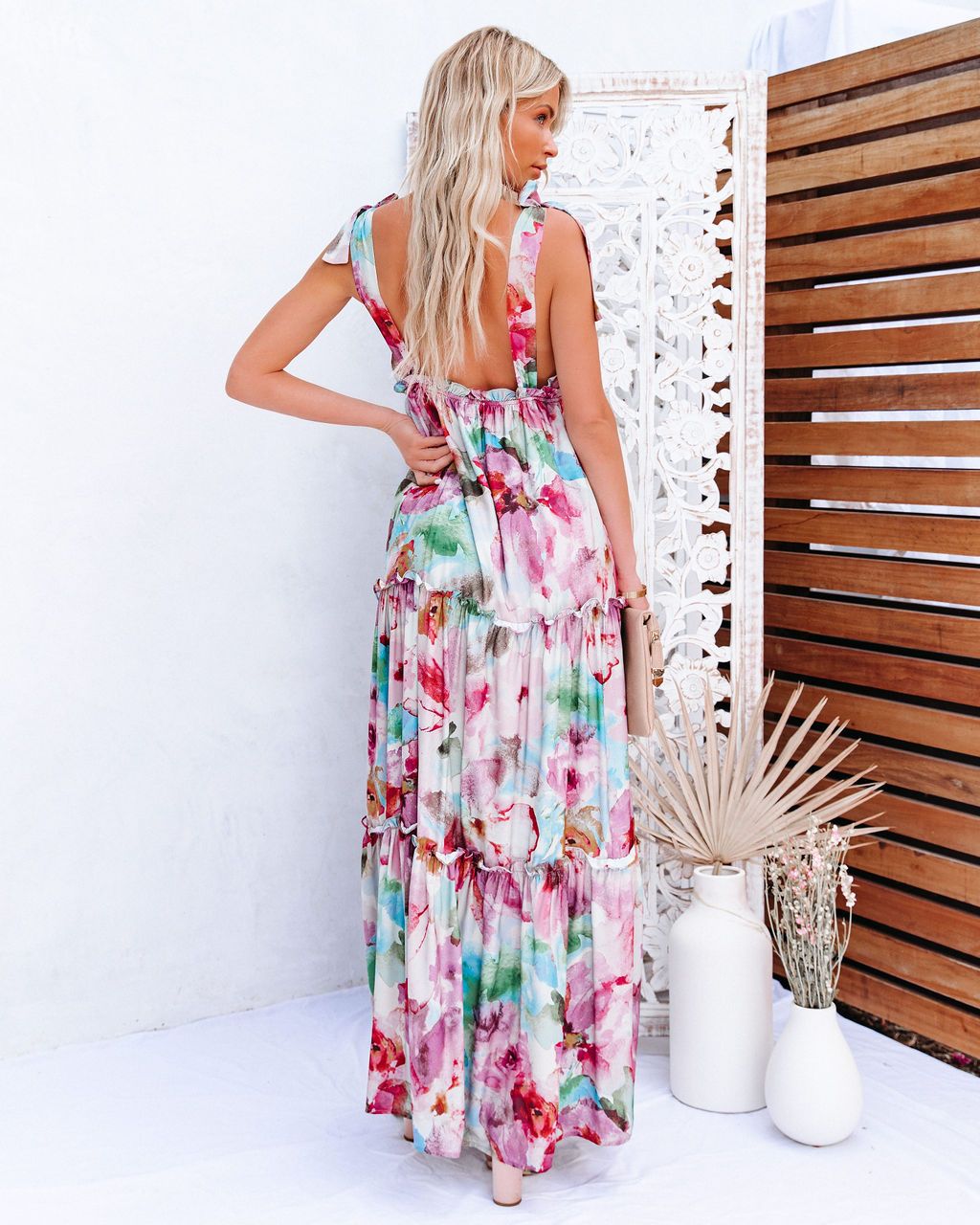 Women Summer Vacation New Tie Dye Printing Strap Wooden Ear Maxi Dress