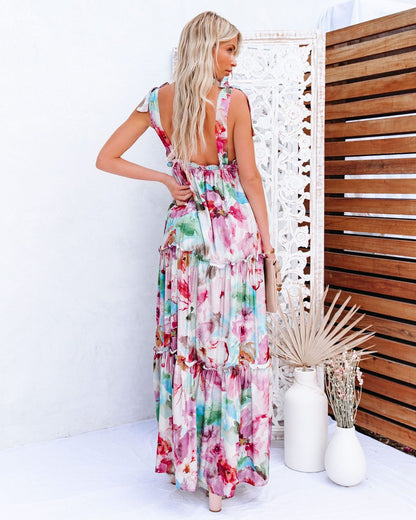 Women Summer Vacation New Tie Dye Printing Strap Wooden Ear Maxi Dress