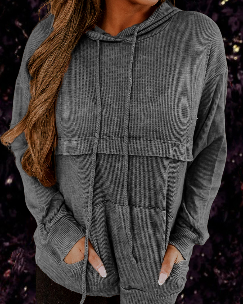 Ladies Loose Waffle Cotton Loose Kangaroo Pocket Hooded