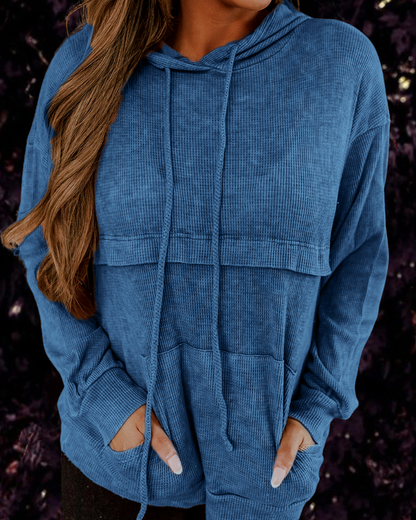 Ladies Loose Waffle Cotton Loose Kangaroo Pocket Hooded