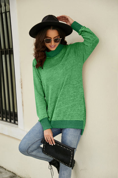 Autumn Winter Long Sleeve High Collar Loose Contrasting Color Cuff Scarf T shirt Top Women