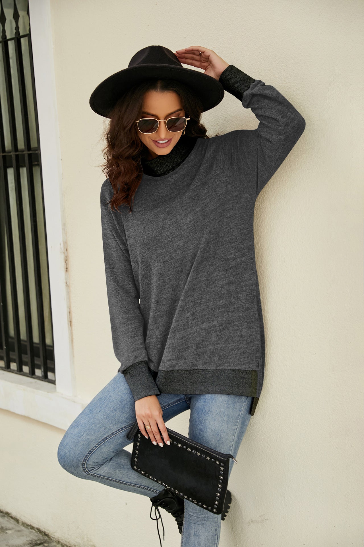 Autumn Winter Long Sleeve High Collar Loose Contrasting Color Cuff Scarf T shirt Top Women