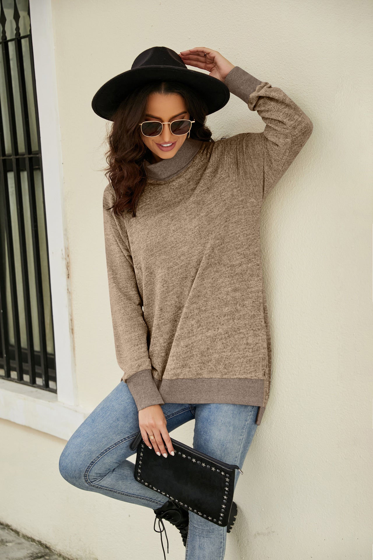 Autumn Winter Long Sleeve High Collar Loose Contrasting Color Cuff Scarf T shirt Top Women