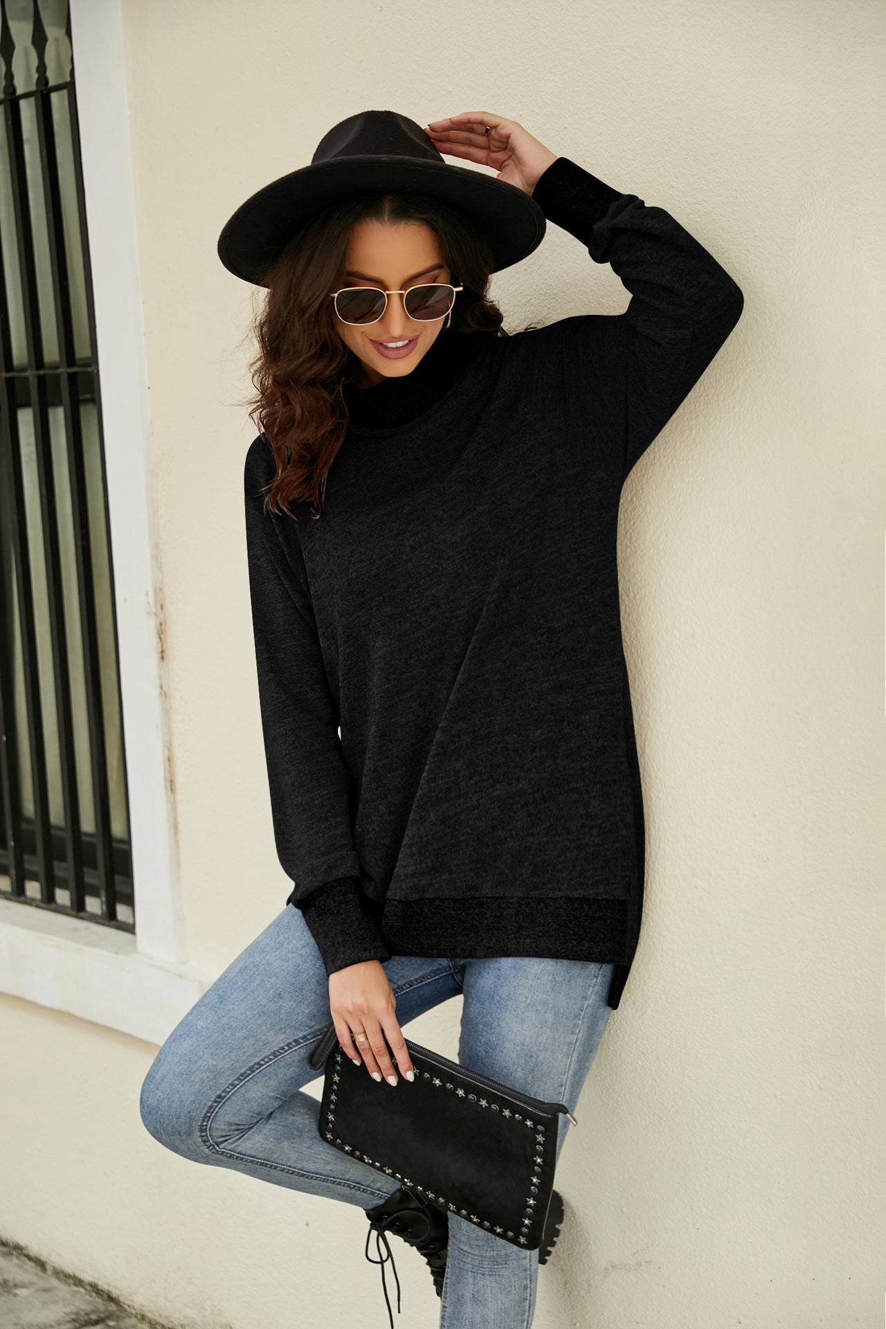 Autumn Winter Long Sleeve High Collar Loose Contrasting Color Cuff Scarf T shirt Top Women