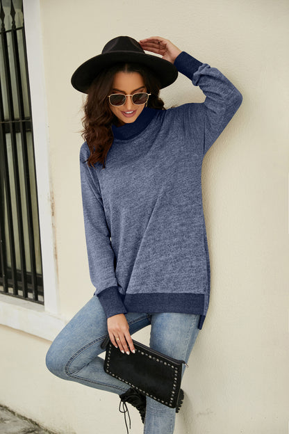 Autumn Winter Long Sleeve High Collar Loose Contrasting Color Cuff Scarf T shirt Top Women